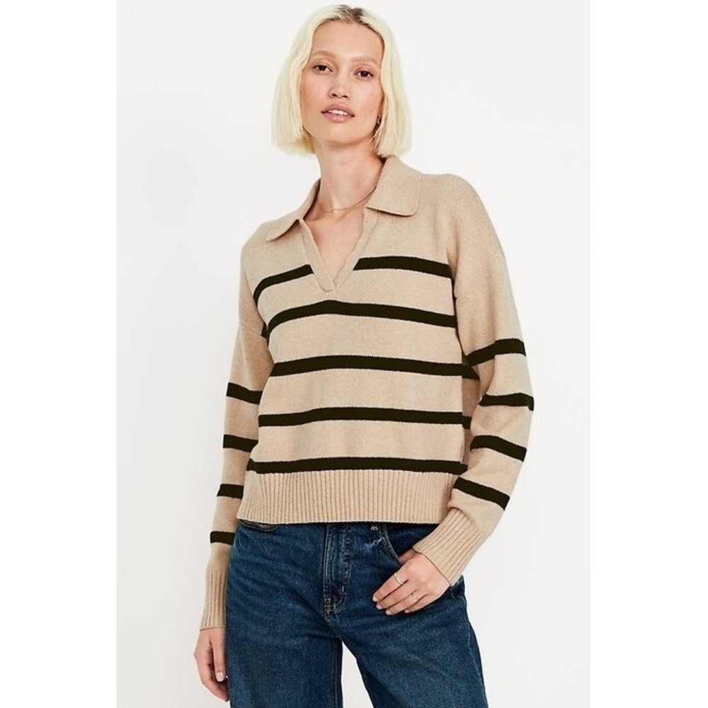 Old Navy Striped Cotton Polo Sweater Women Large Tall Tan Striped Preppy Knit